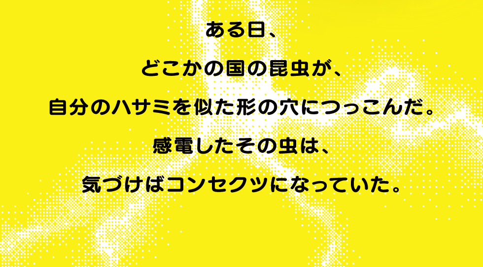 ある日、どこかの国の昆虫が、自分のハサミを似た形の穴につっこんだ。感電したその虫は、気づけばコンセクツになっていた。